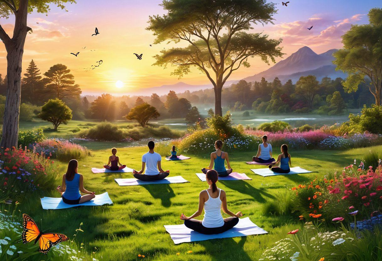 A serene landscape featuring a radiant sunrise over a lush green meadow, with people practicing yoga and meditation, surrounded by vibrant flowers and butterflies. The scene evokes joy and tranquility, with soft, ethereal light illuminating smiling faces. Infuse elements of nature, such as trees swaying gently and a crystal-clear stream flowing through the meadow. super-realistic. vibrant colors. uplifting energy.