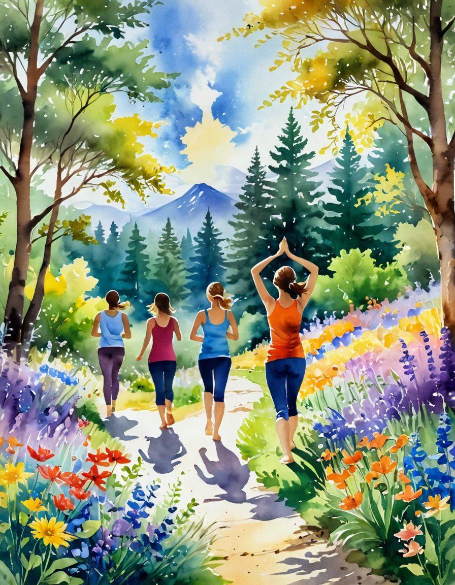 A radiant sun illuminating a lush landscape filled with vibrant wildflowers, a winding path leading through a serene forest, and figures of diverse people engaging in joyful activities like yoga, painting, and dancing. The atmosphere conveys a sense of harmony and positivity, representing the journey towards mental wellness and exuberance. watercolor painting. vibrant colors. natural scenery.