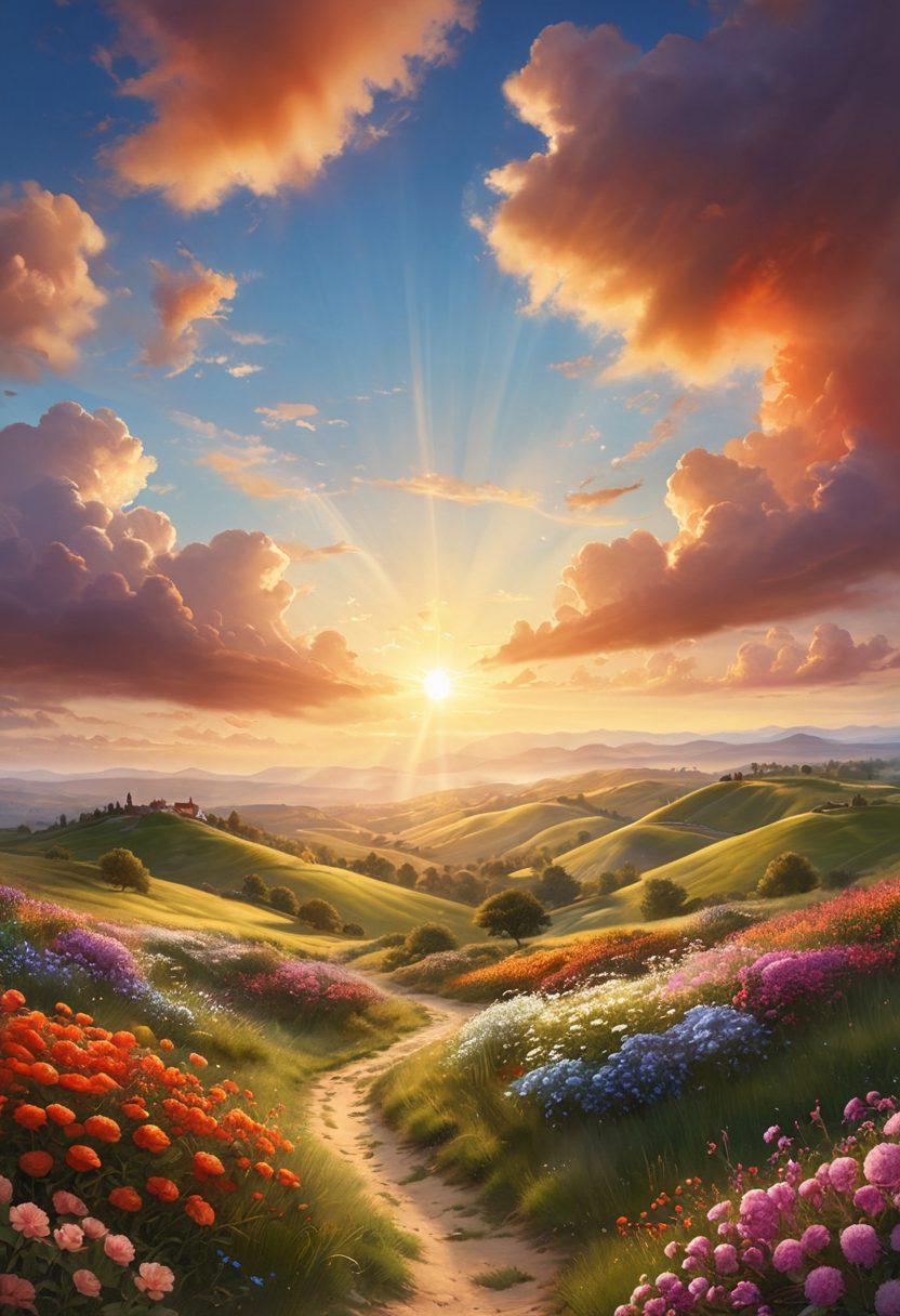 A serene landscape featuring a sunrise over rolling hills, symbolizing hope and positivity. Include a diverse group of people practicing mindfulness and meditation, surrounded by vibrant blooming flowers. Incorporate gentle rays of sunlight breaking through soft, fluffy clouds. The scene should evoke feelings of peace, joy, and connection to nature. super-realistic. vibrant colors.